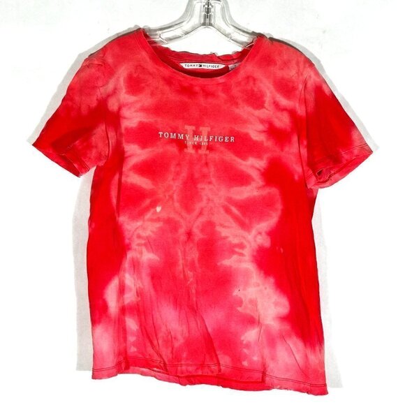 Tommy Hilfiger Pink White Tye Dye Acid Wash Tee T Shirt - Picture 1 of 9